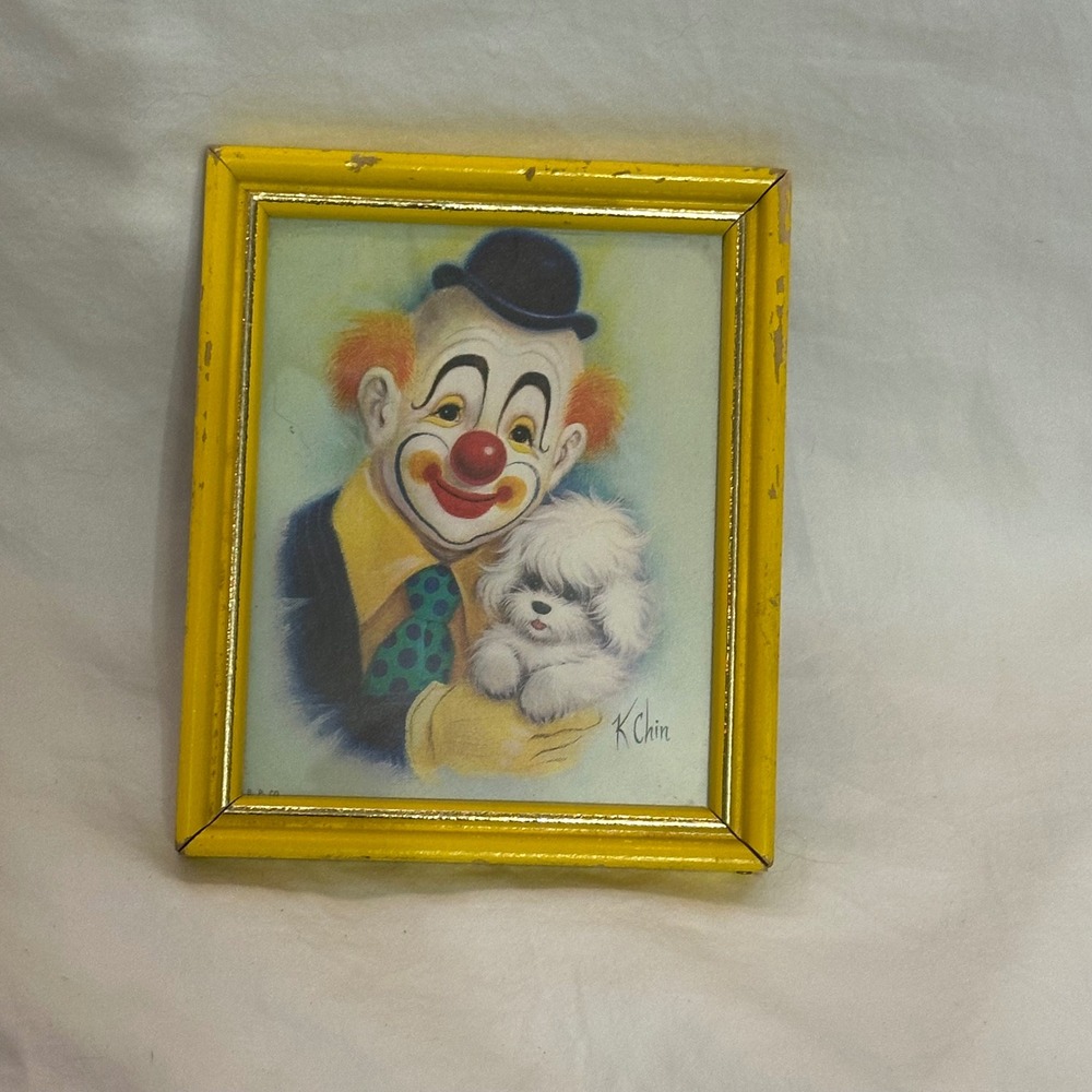 K. Chin Clown with Dog Framed Print Vintage 5x6 Yellow Wood Frame Good MCM Art